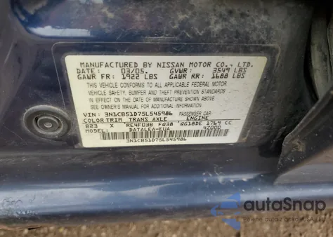 2005 Nissan Sentra 1.8 z USA, uszkodzony, nr VIN 3N1CB51D75L545986